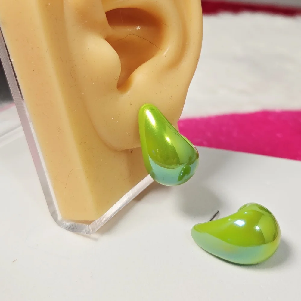 Iridescent Lime Green Blue Shimmer Teardrop Dome Earrings Y2K Mermaidcore Glossy